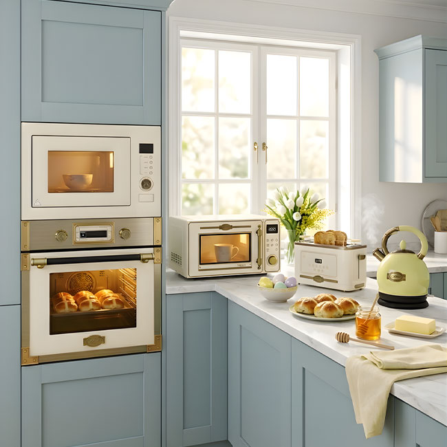 Art Deco Electric Oven & Built-in Microwave Bundle (Ivory)