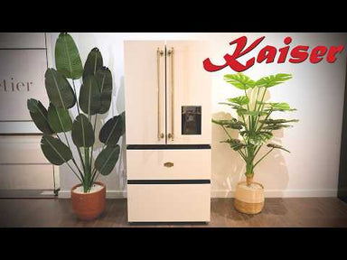 Kaiser Art Deco Black French Door Fridge Freezer with Leather Handles